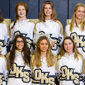 Team photo of varsity ice hockey team in two rows.